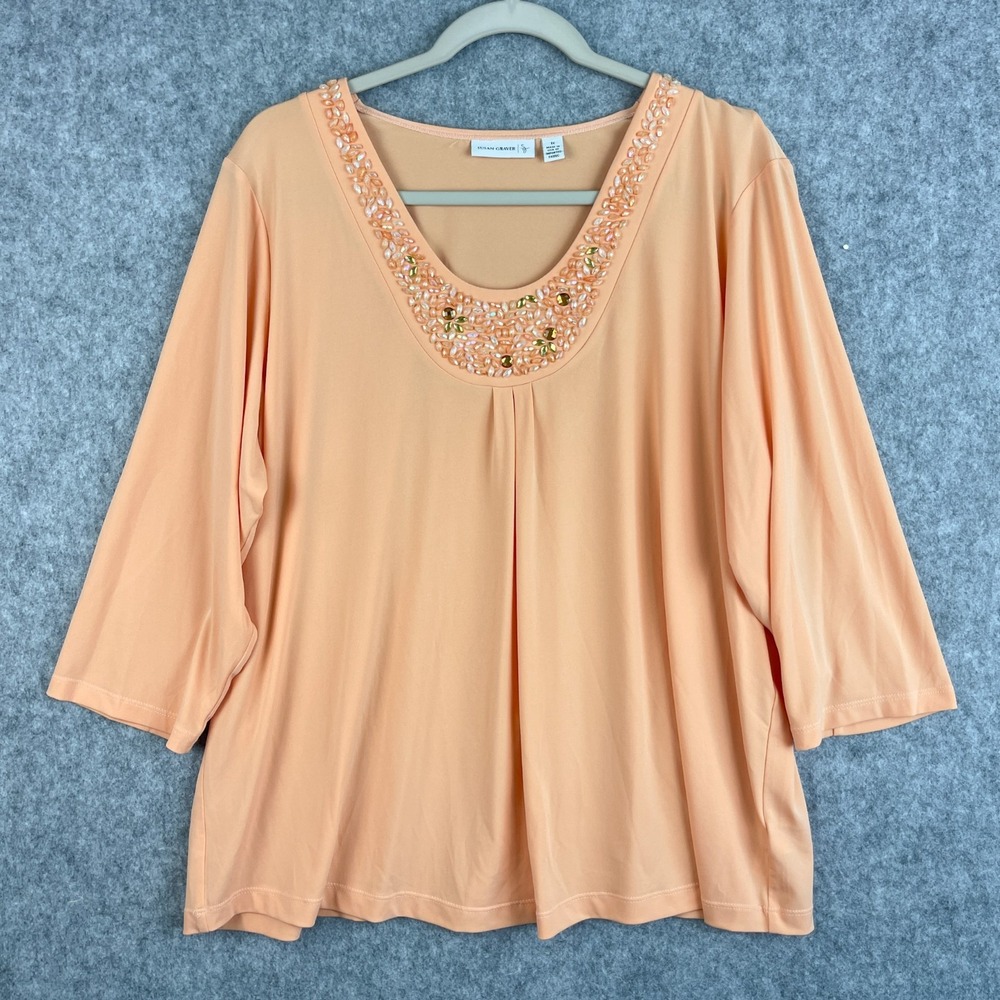 Susan Graver Liquid Knit Top Womens 1X Peach Beaded 3/4 Sleeve Stretchy Artsy